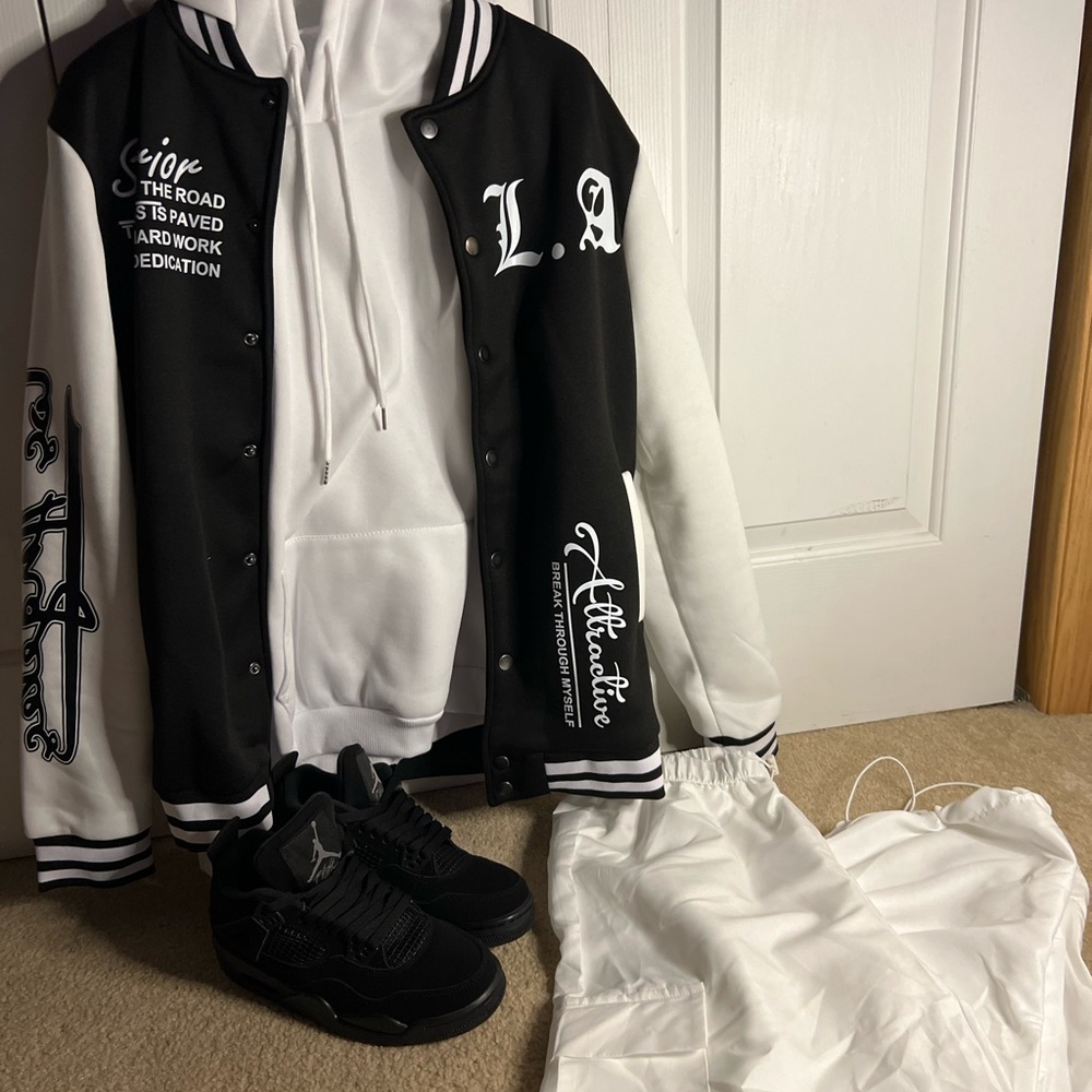 LA Black and White Varsity Jacket with Hoodie and Pants
